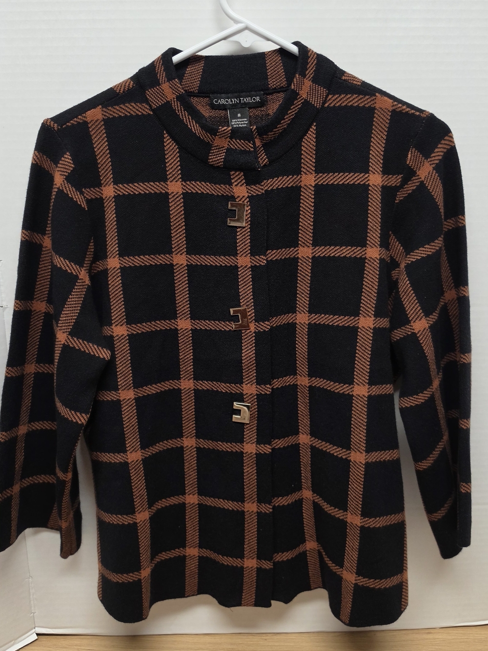 Carolyn Taylor Black and Brown Plaid Knit Jacket Size Medium